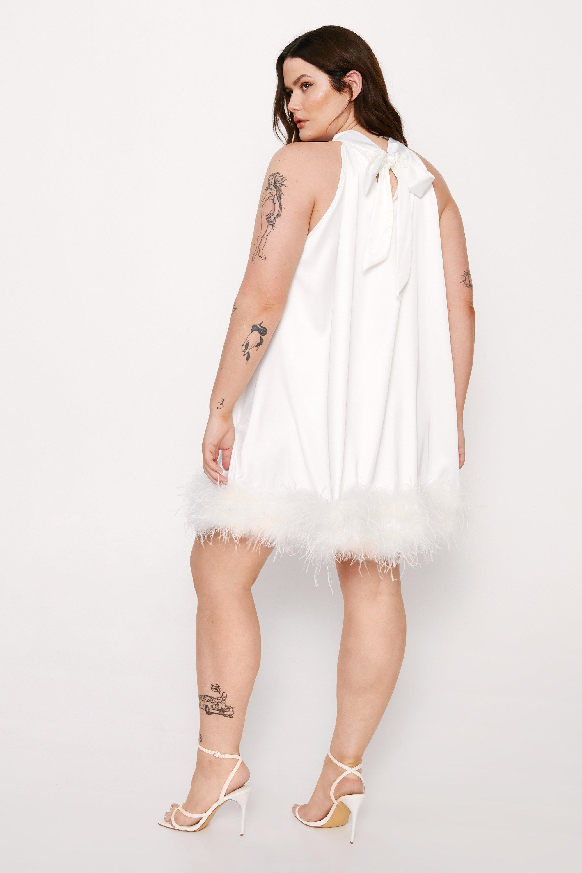 Plus Size Satin Feather Trim Swing Dress