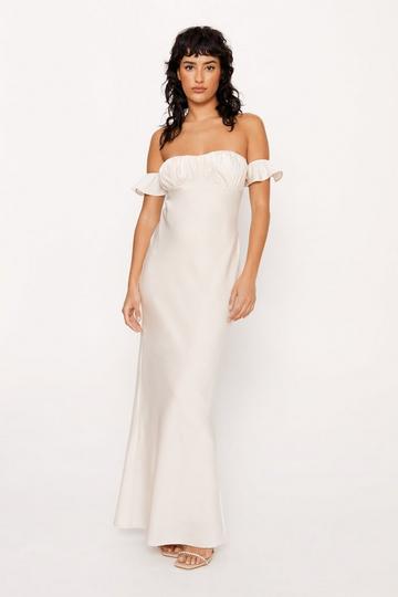 Satin Ruched Bust Off The Shoulder Maxi Dress ivory