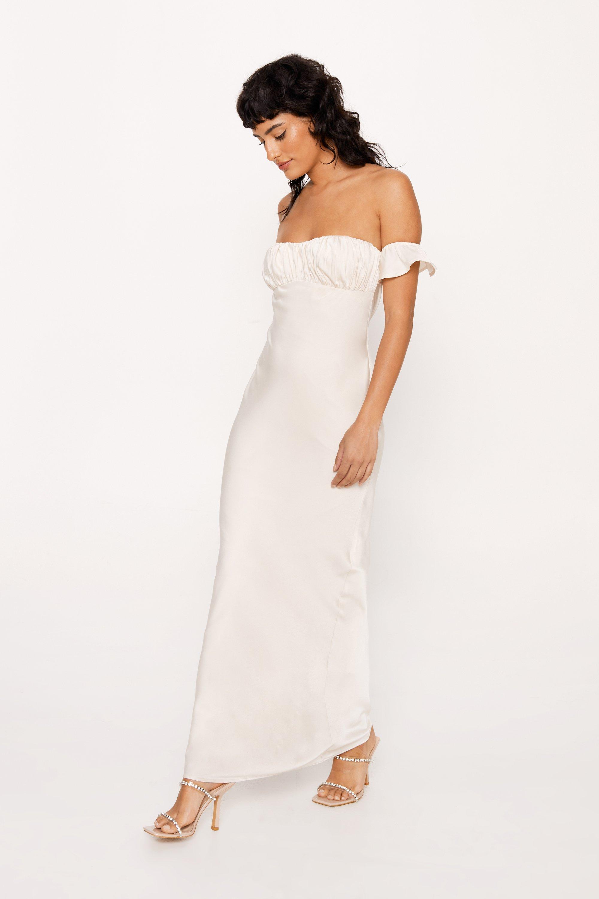 Satin Ruched Bust Bardot Maxi Dress Nasty Gal