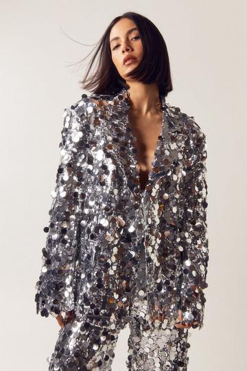 Premium Mixed Sequin Double Breasted Blazer silver