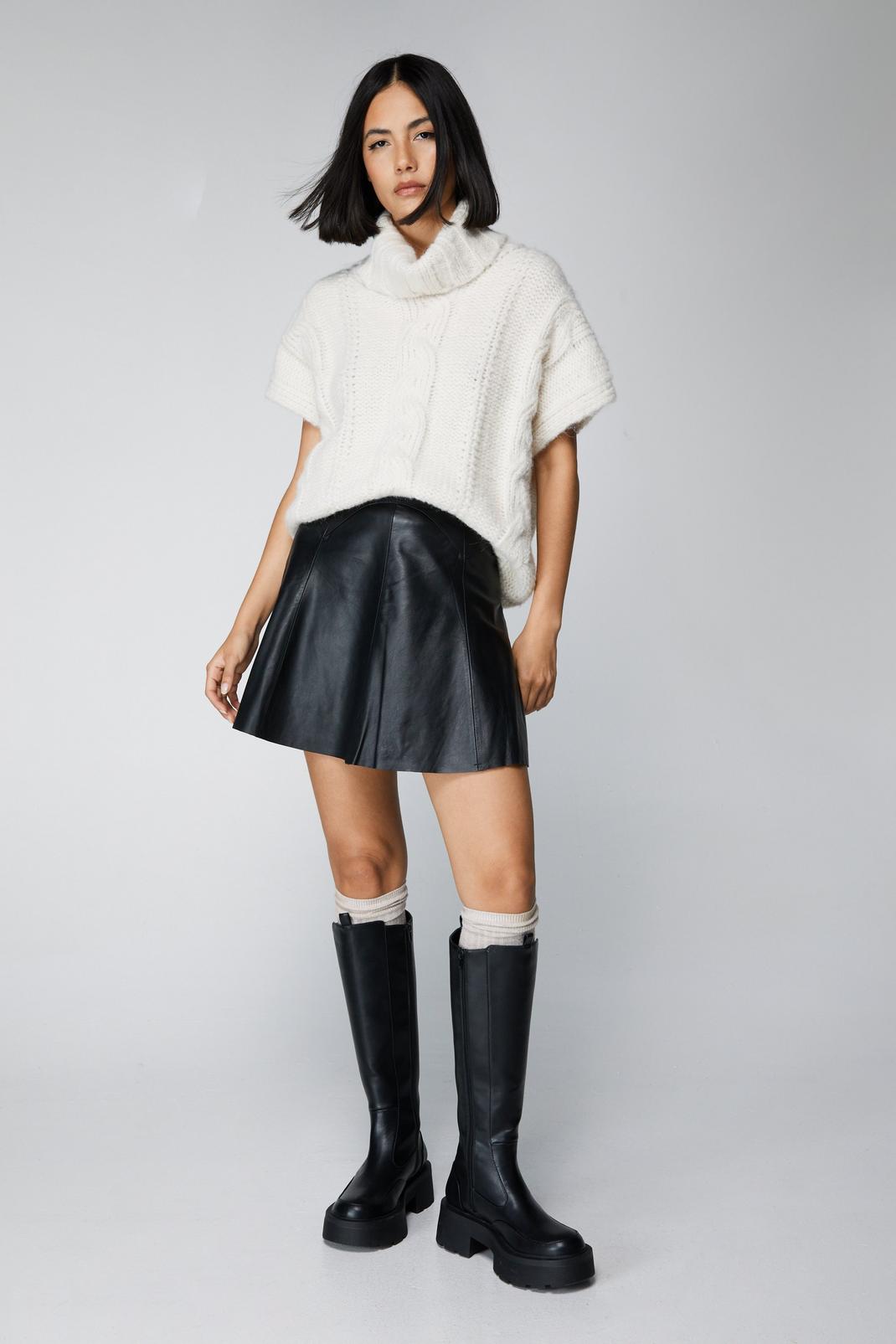 Essentials Real Leather Flippy Skirt, Black image number 1