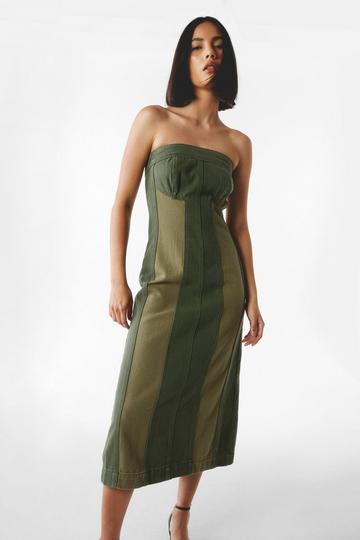 Green Petite Bandeau Twill Two Tone Midi Dress