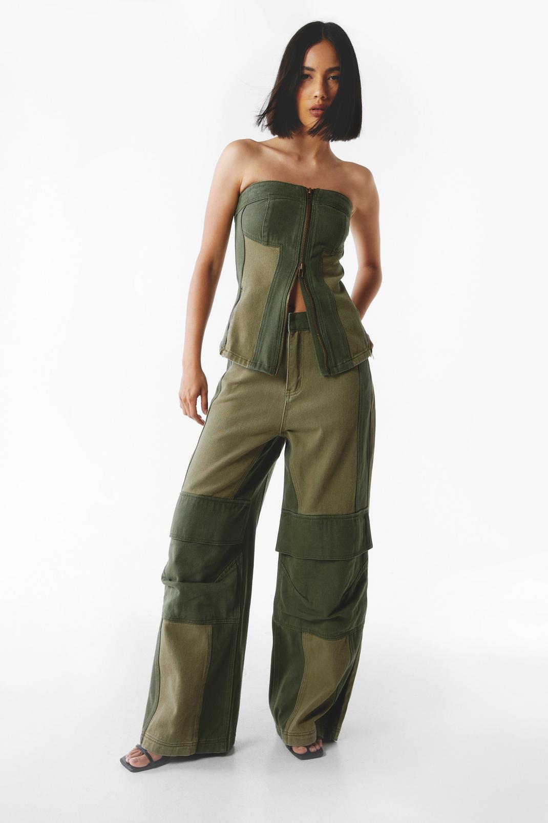 Green Two Tone Twill Two Piece Set Wide Leg Cargo Pants image number 1