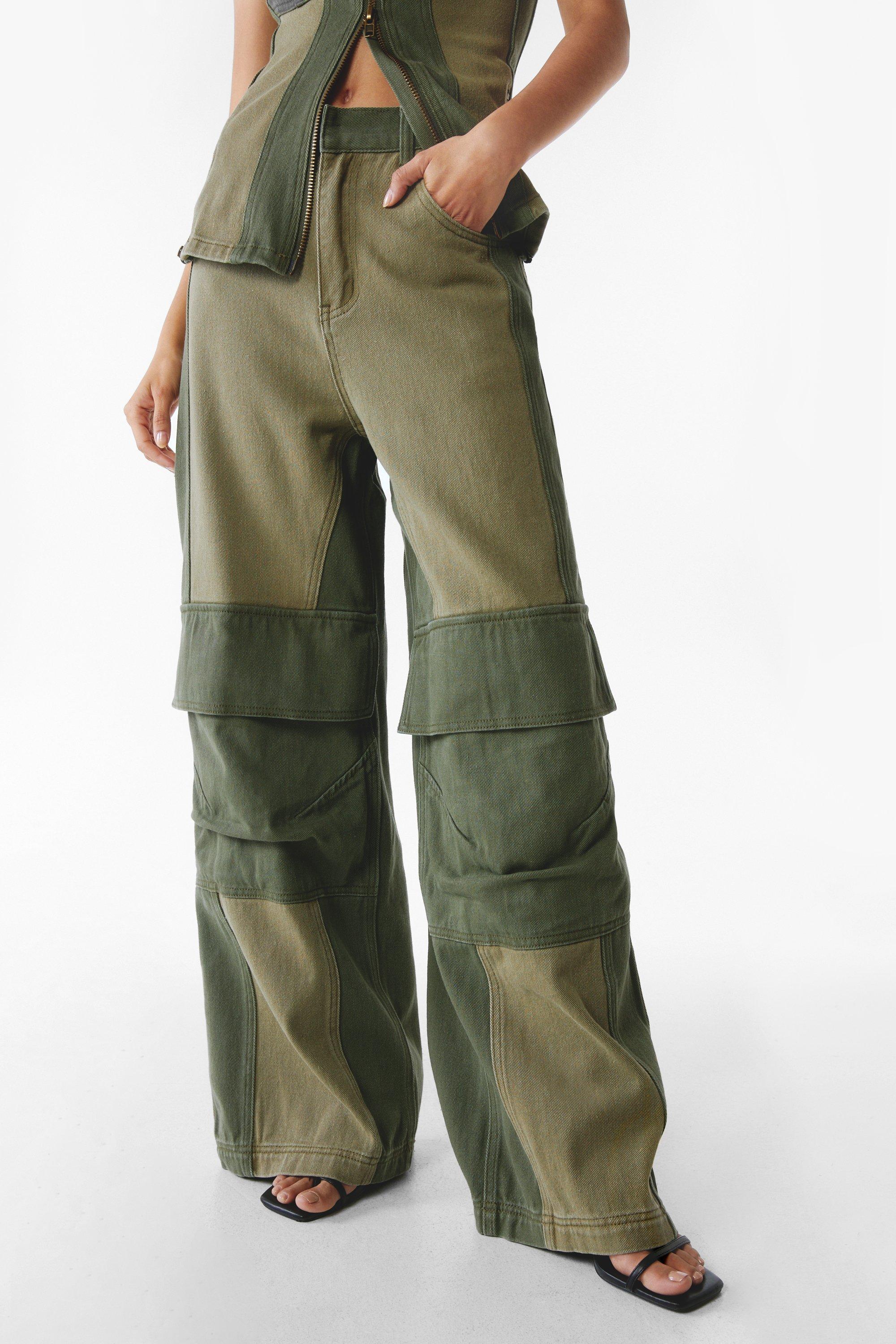 Two Tone Twill Two Piece Set Wide Leg Cargo Pants