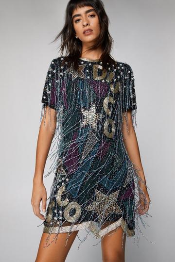 Disco Beaded Tassel T-Shirt Mini Dress multi