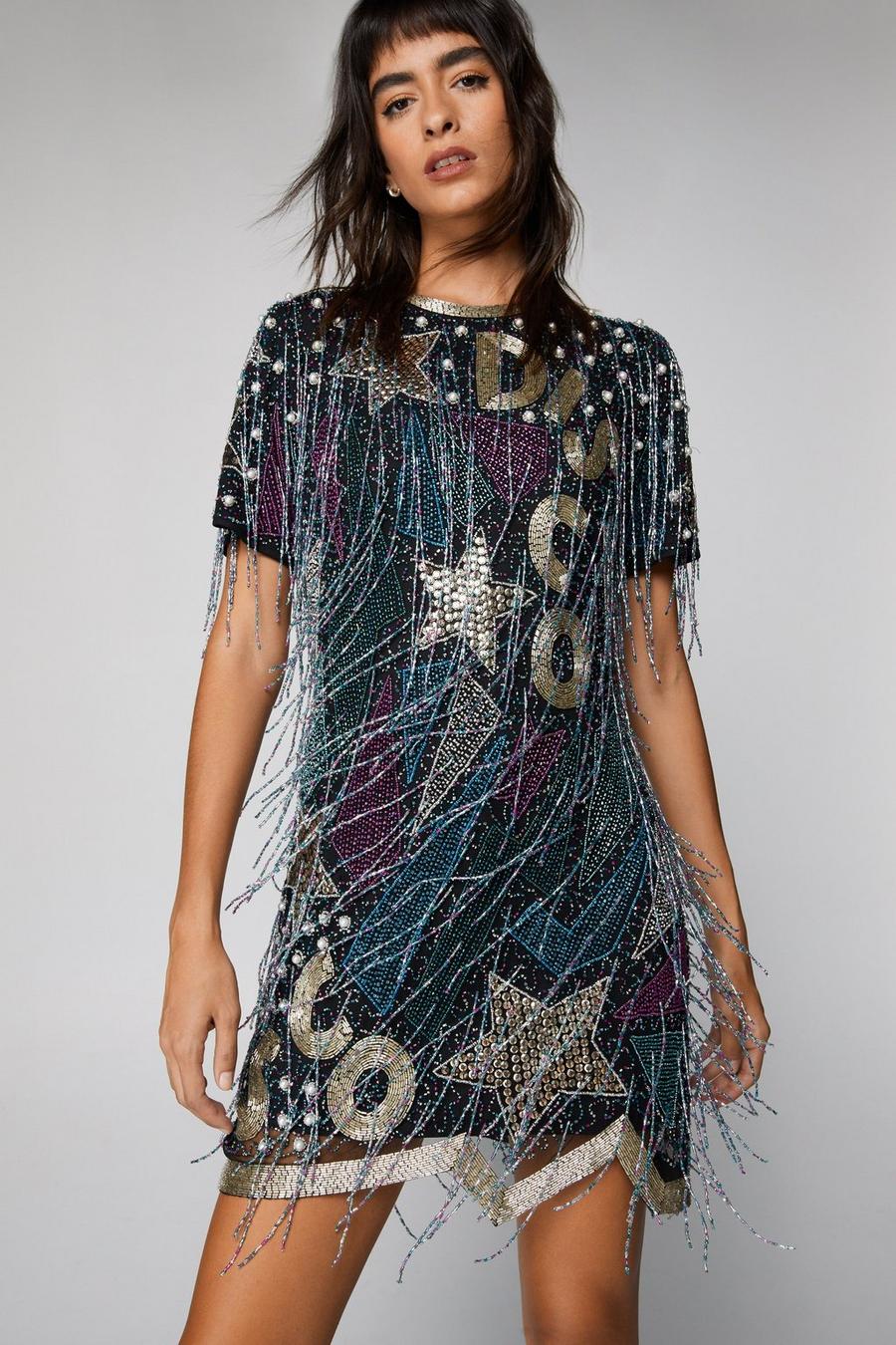 Disco Beaded Tassel T-Shirt Mini Dress