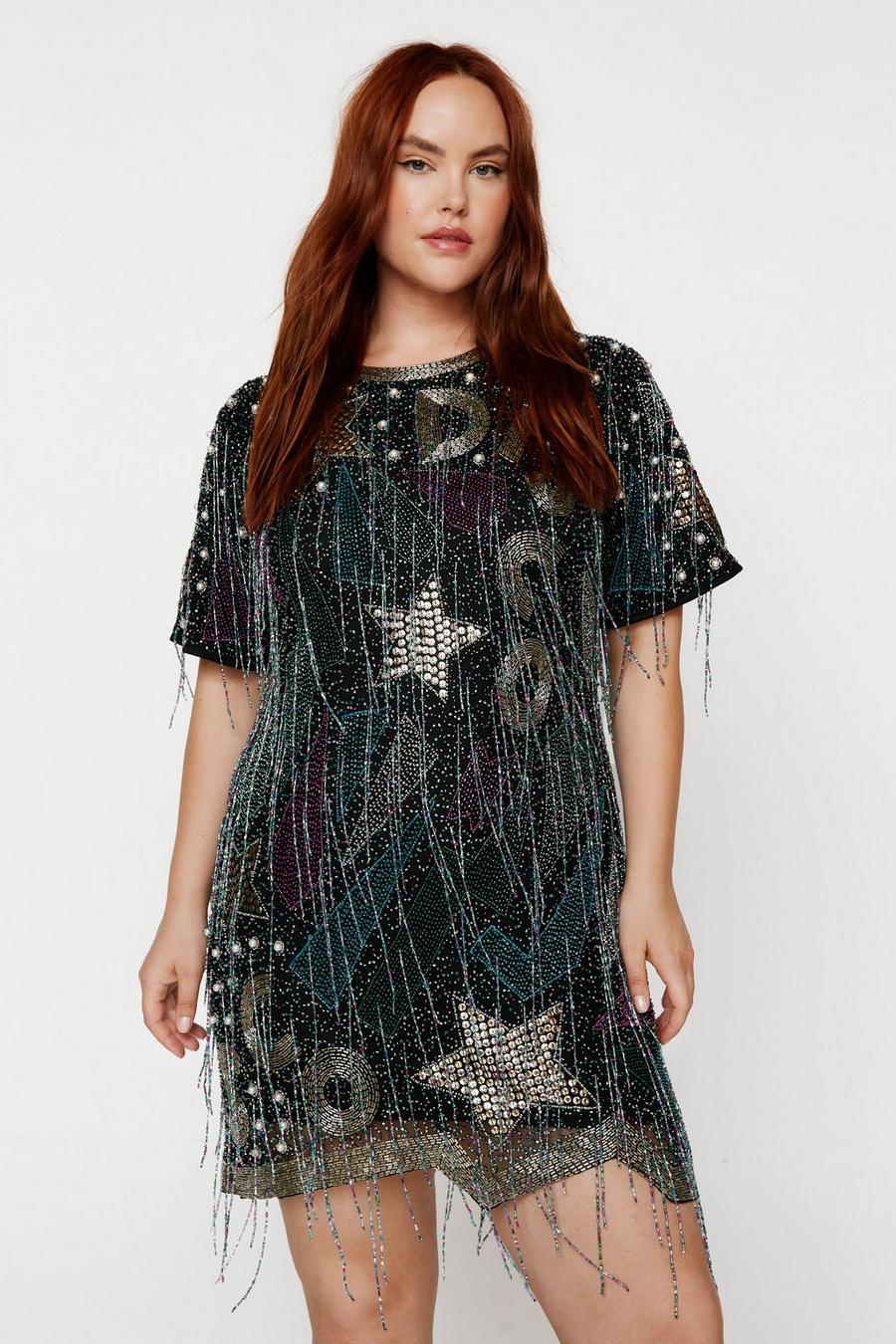 Plus Size Disco Beaded Tassel T-Shirt Mini Dress