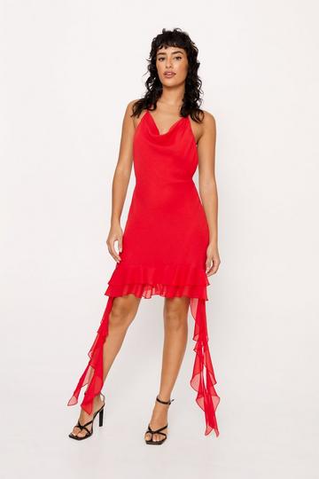 Red Crinkle Halterneck Ruffle Mini Dress