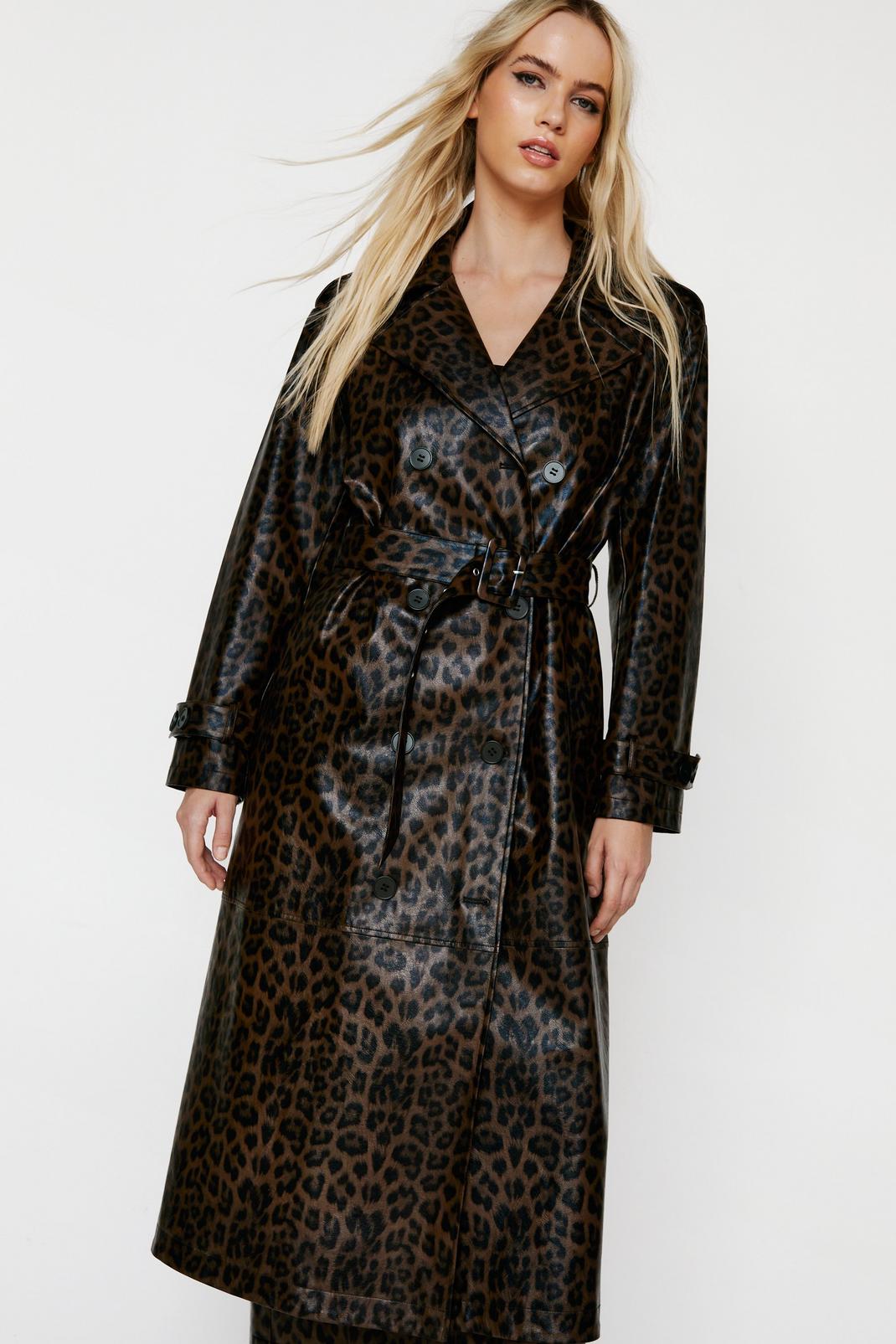 Premium Leopard Print Faux Leather Trench Coat image number 1