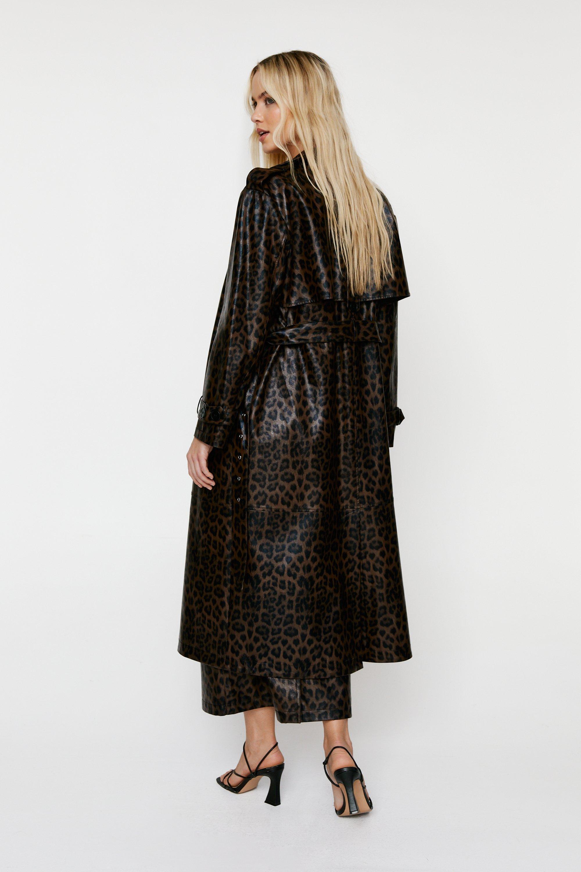 Luxury Leopard Print Belted Lapel Leather Longline Trench Coat - Coffe –  Luxedress