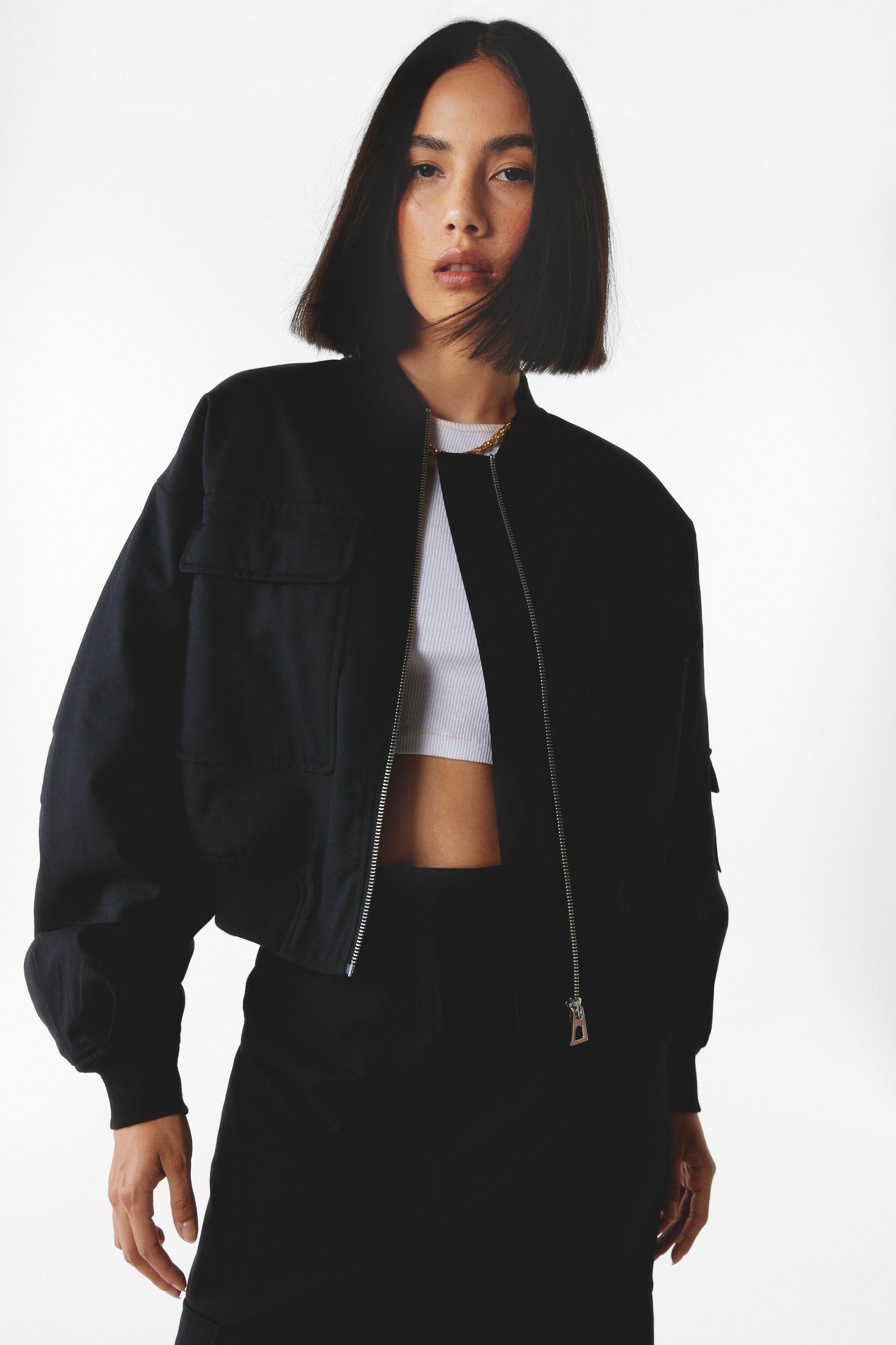 Distressed Faux Leather Cropped Bomber Jacket