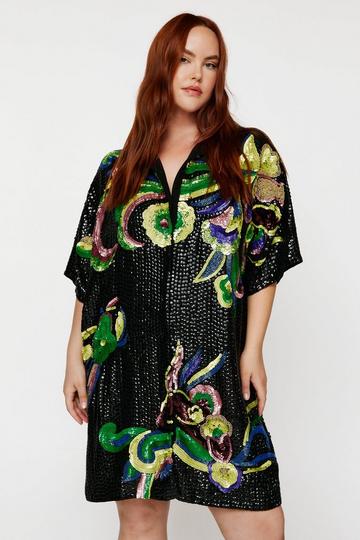 Black Plus Size Floral Sequin Shirt Dress