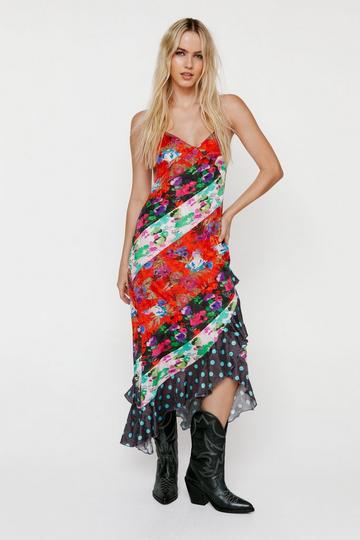 Mixed Floral Spot Print Strappy Midaxi Dress red