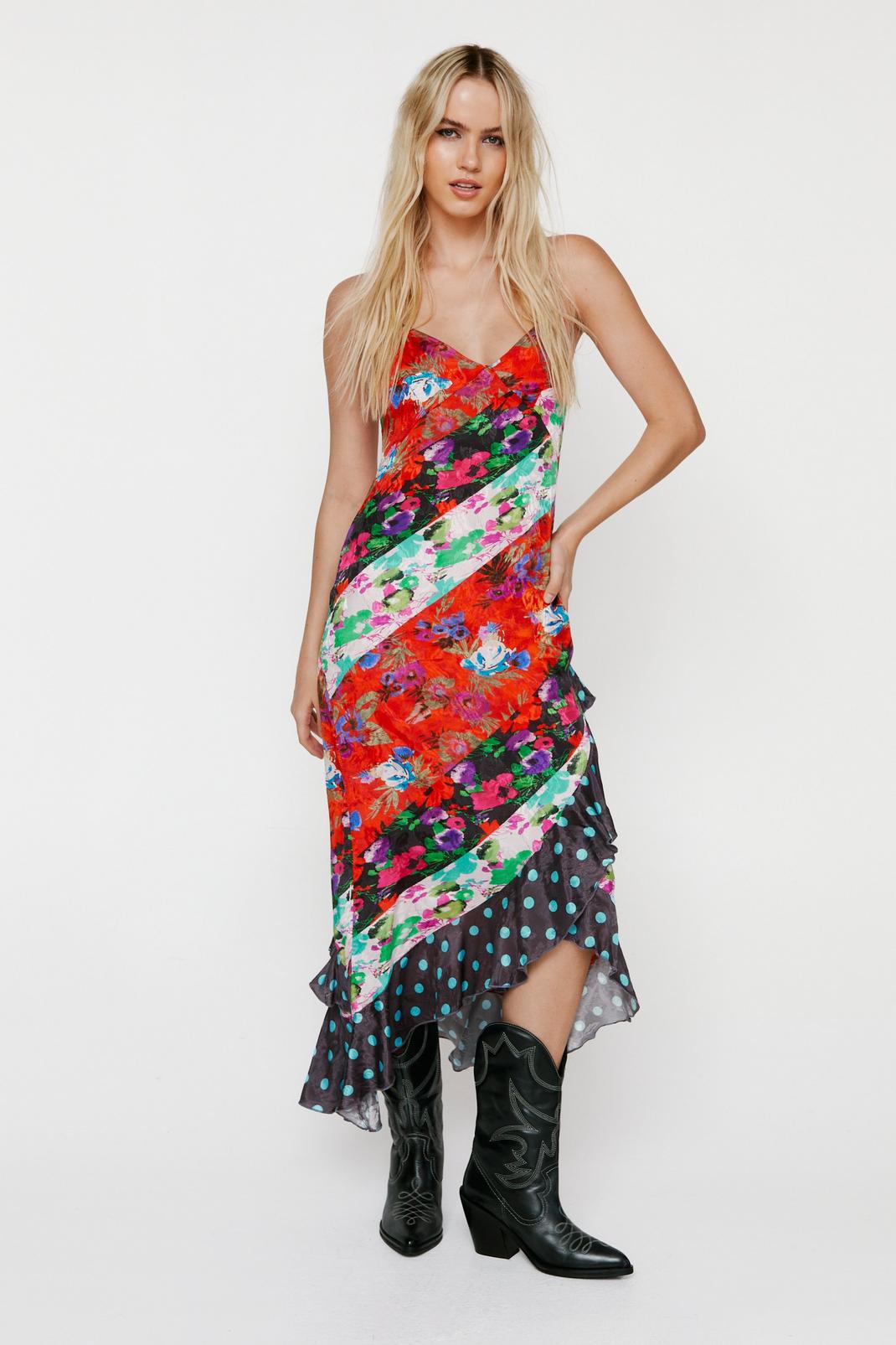 Red Mixed Floral Spot Print Strappy Midaxi Dress image number 1
