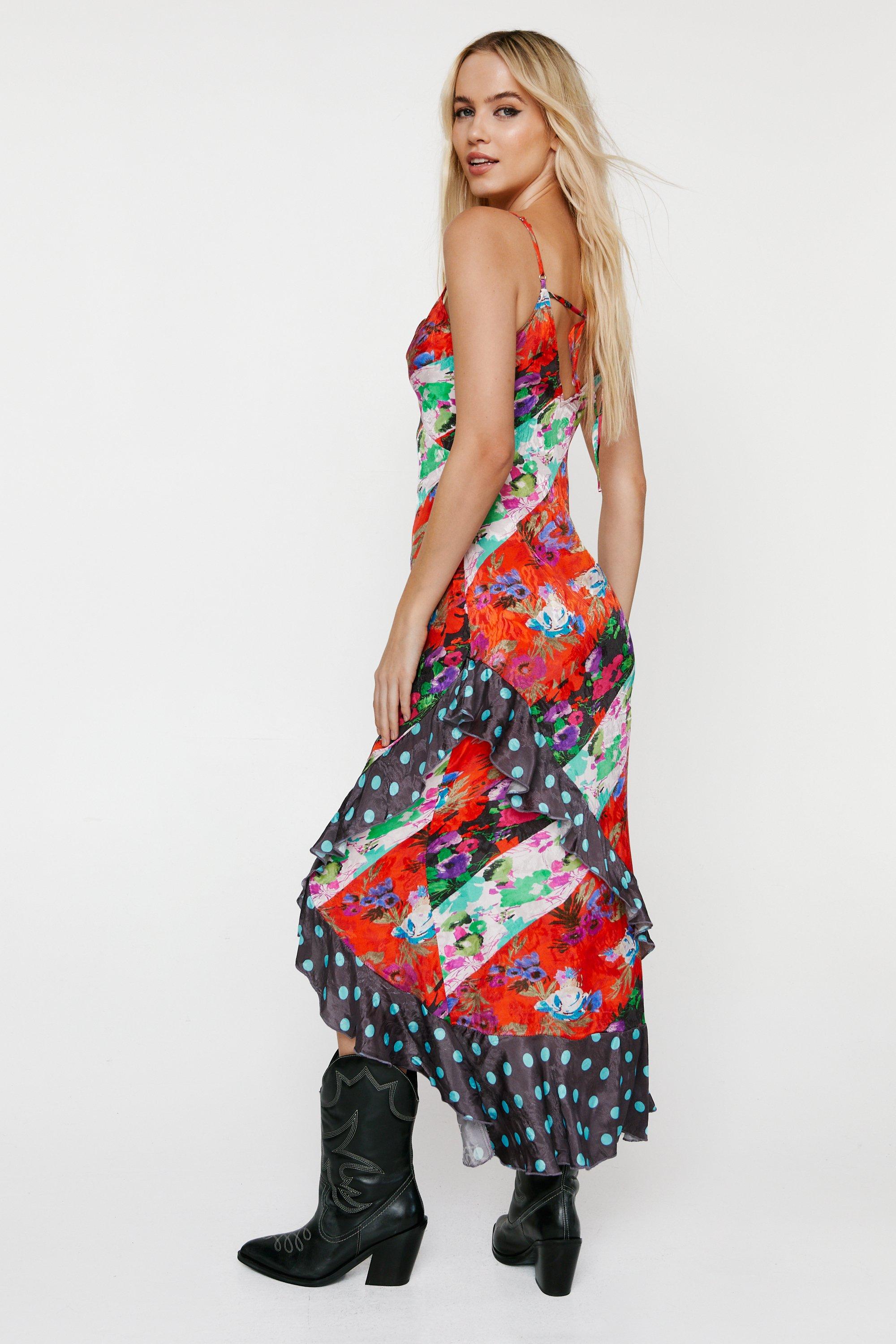 Mixed Floral Spot Print Strappy Midaxi Dress