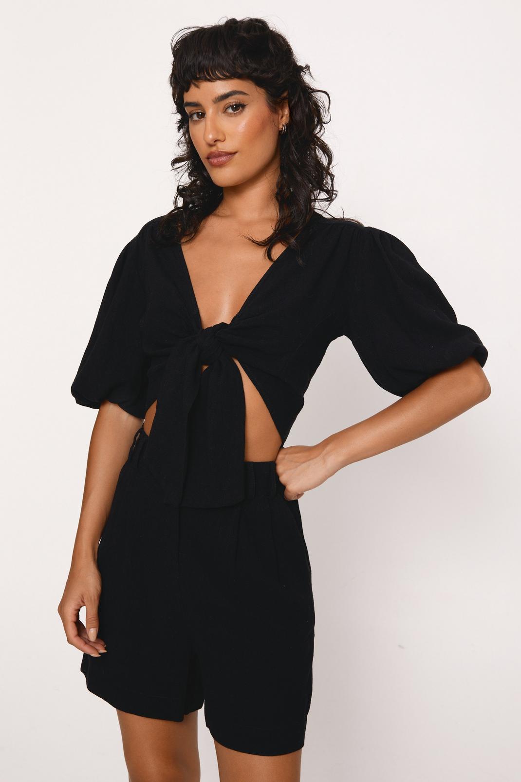 Black Linen Look Relaxed Short image number 1
