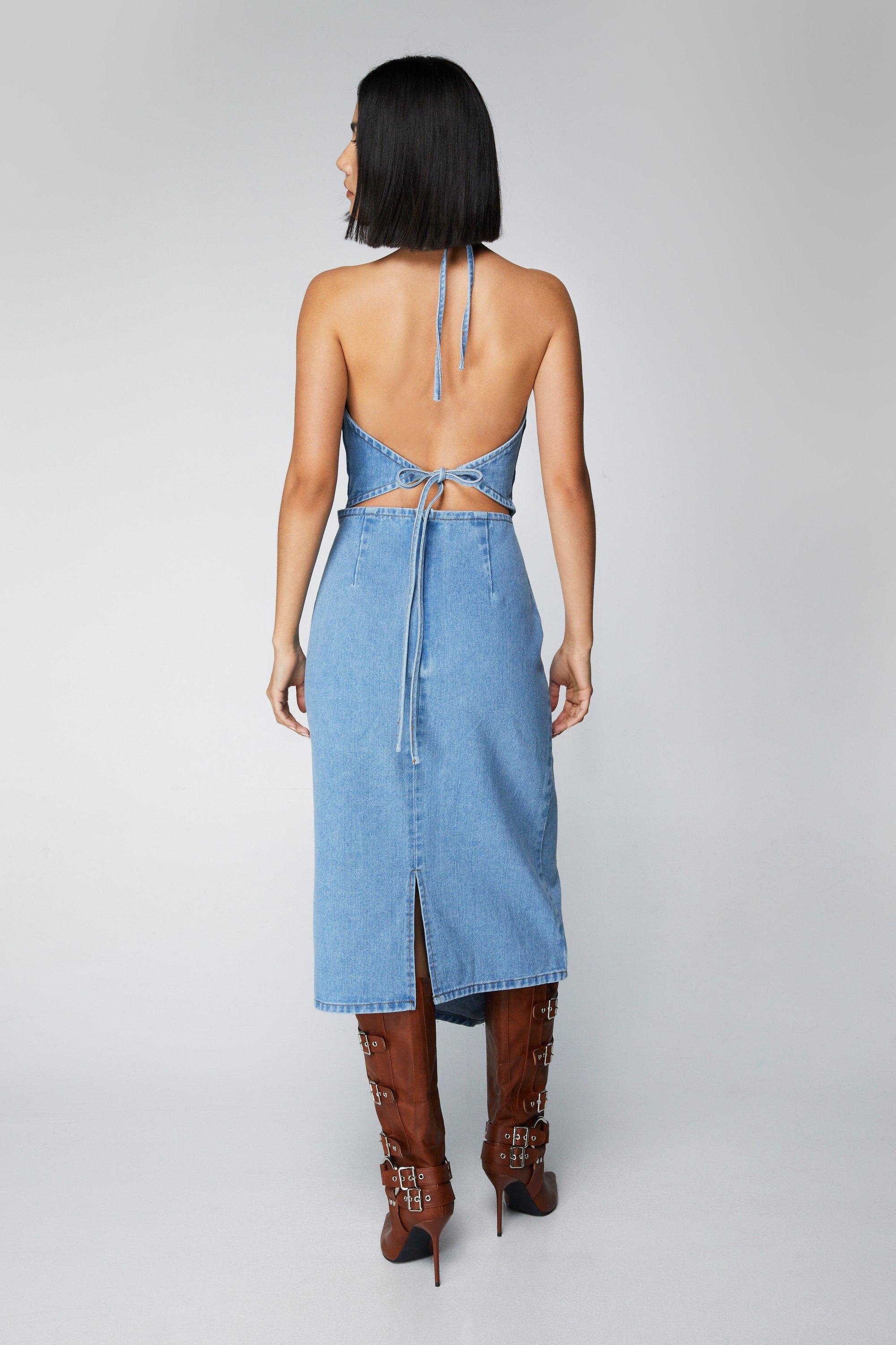 Backless Halter Denim Dress – Styched Fashion