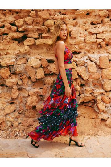Mixed Floral Print Ruffle Tiered Maxi Skirt red