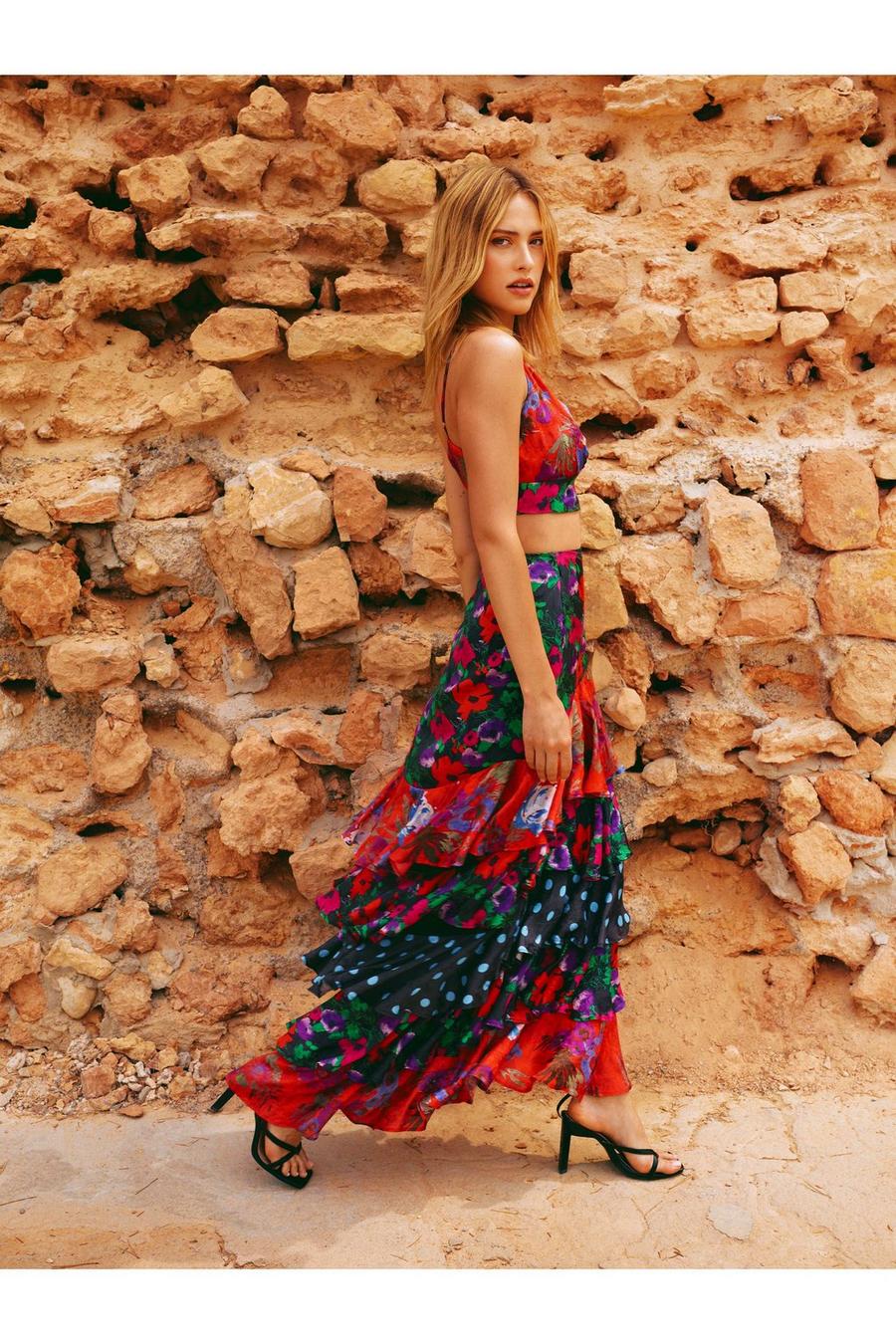 Mixed Floral Print Ruffle Tiered Maxi Skirt