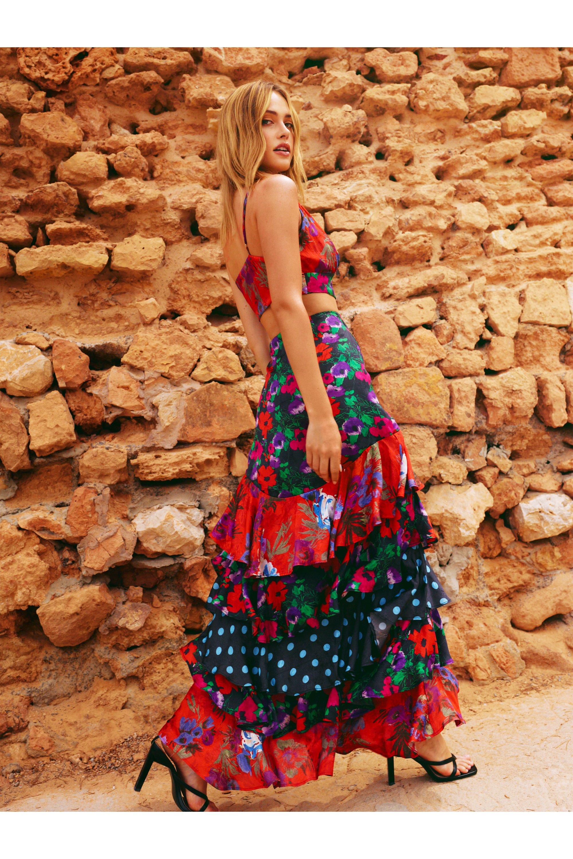 Mixed Floral Print Ruffle Tiered Maxi Skirt