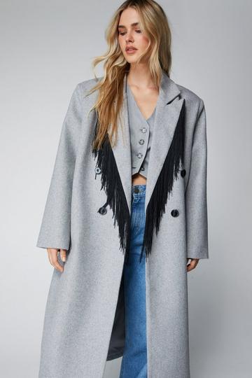 Grey Premium Wool Blend Fringe Coat