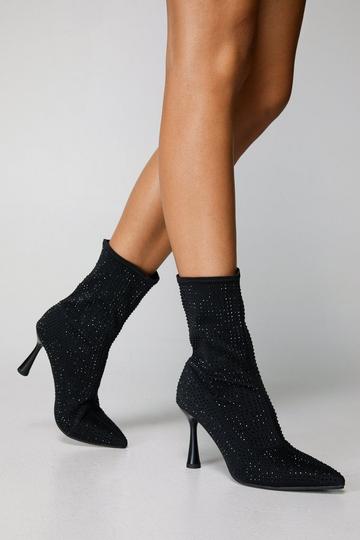 Black Embellished Pointed Toe Ankle Sock Boot