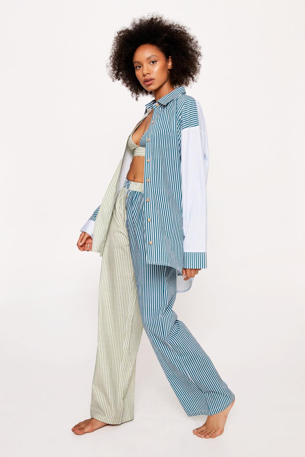 Blue Cotton Poplin Colorblock Stripe Pajama Pants 3pc Set image number 1