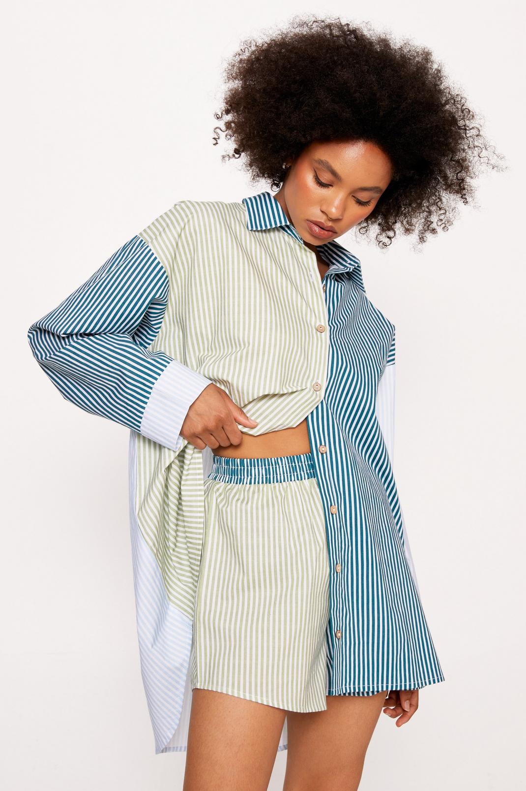 Blue Cotton Poplin Colorblock Stripe Oversized Shirt & Shorts Pajama Set image number 1