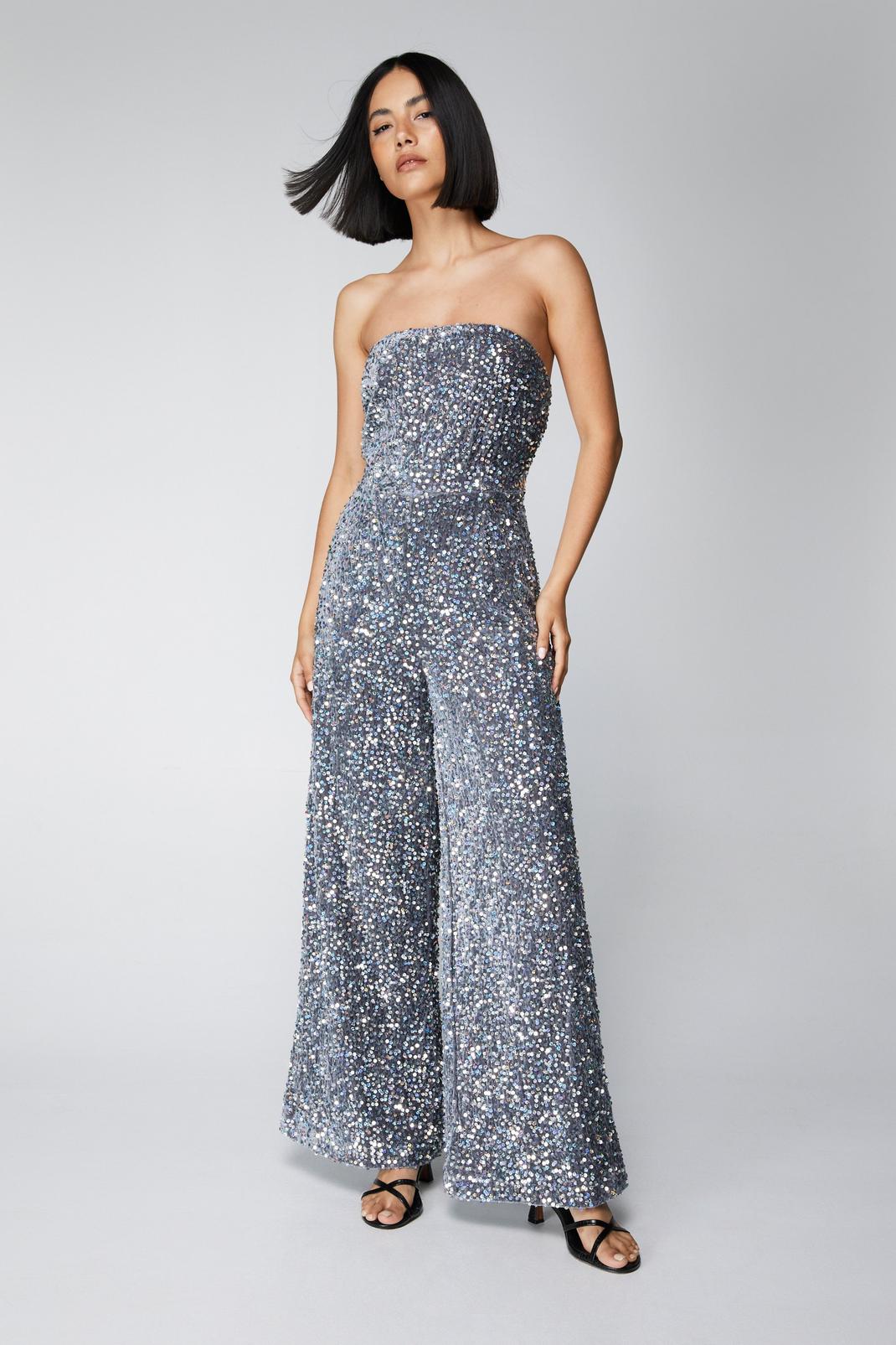 Silver Sequin Strapless Wide Leg Jumpsuit image number 1