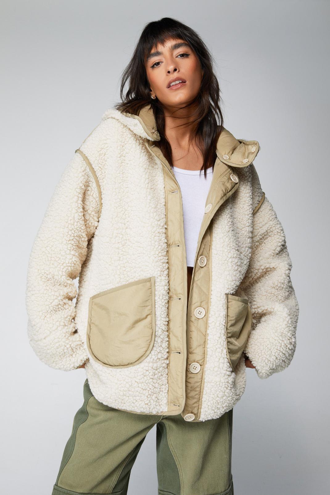 Cream Oversized Sherpa Lined Reversible Jacket image number 1