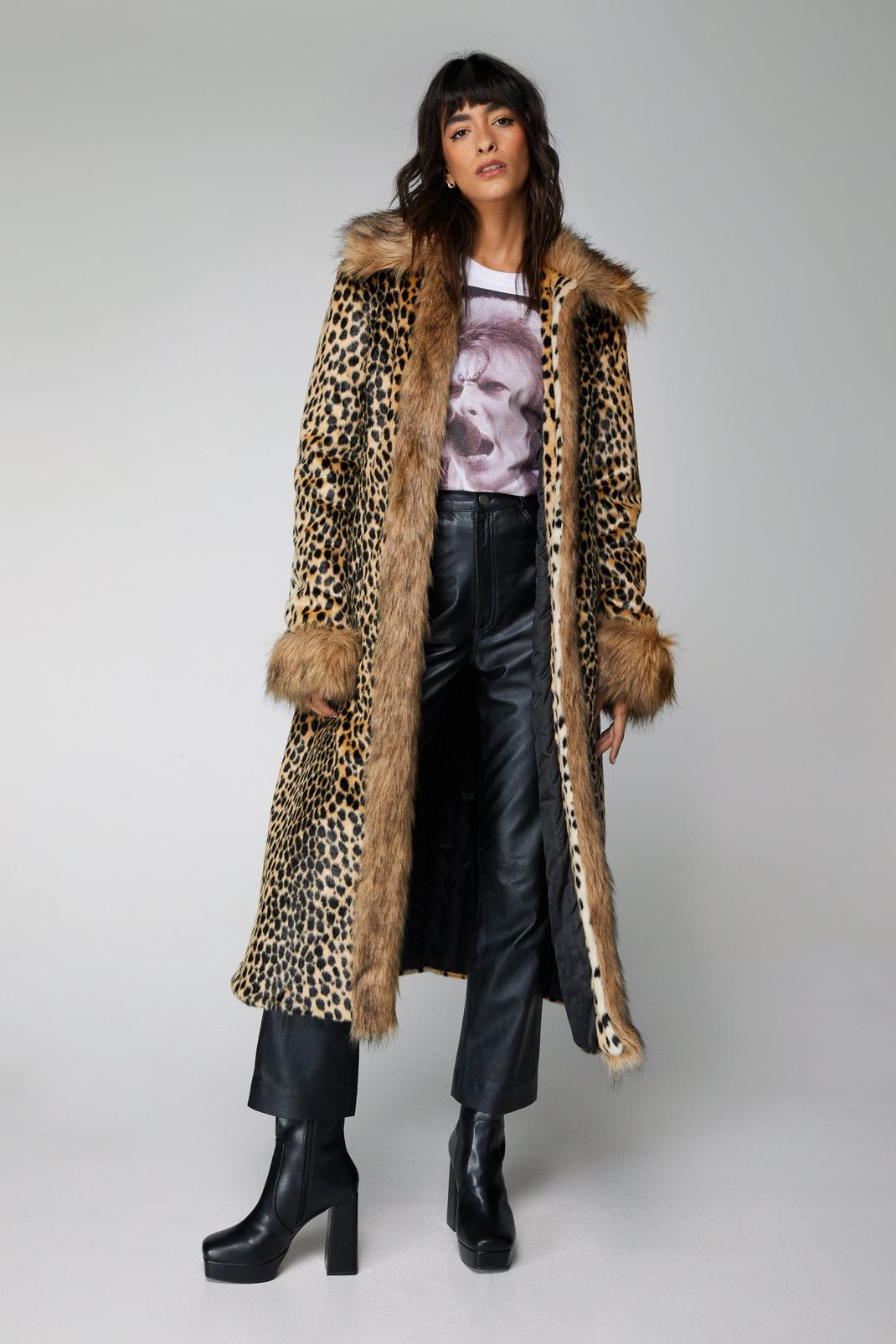 Manteau long imprimé léopard à fausse fourrure, Neutral image number 1