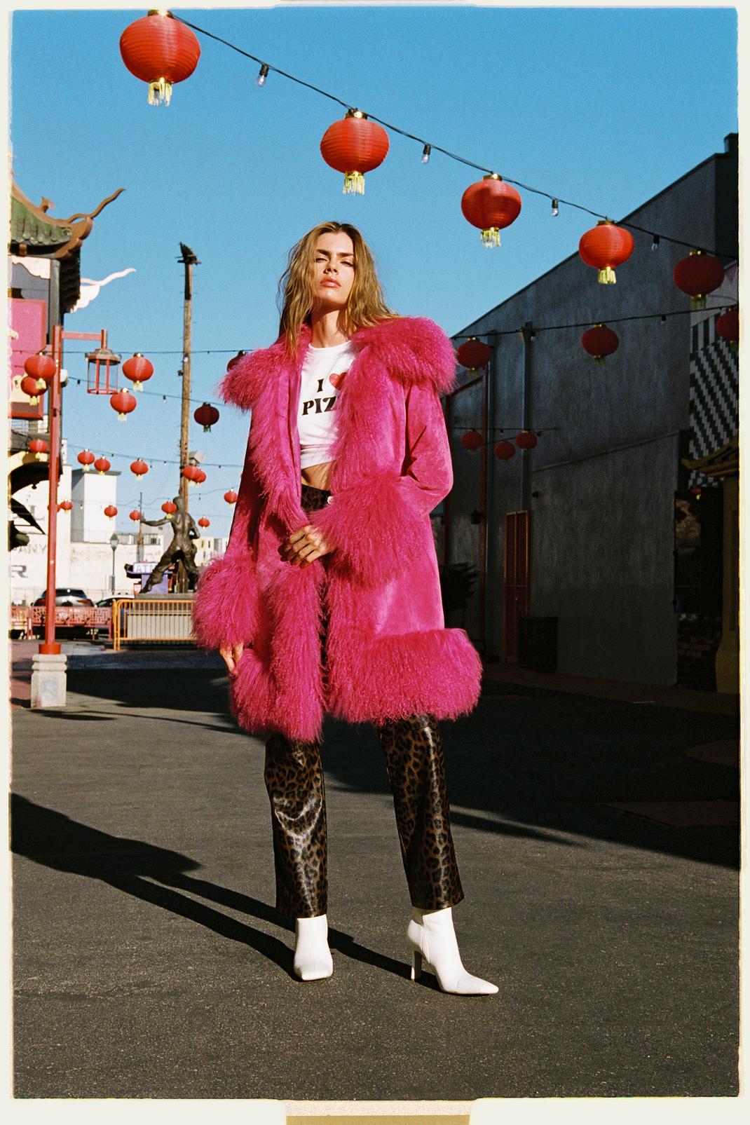 Manteau style vintage en daim véritable et fourrure, Pink image number 1
