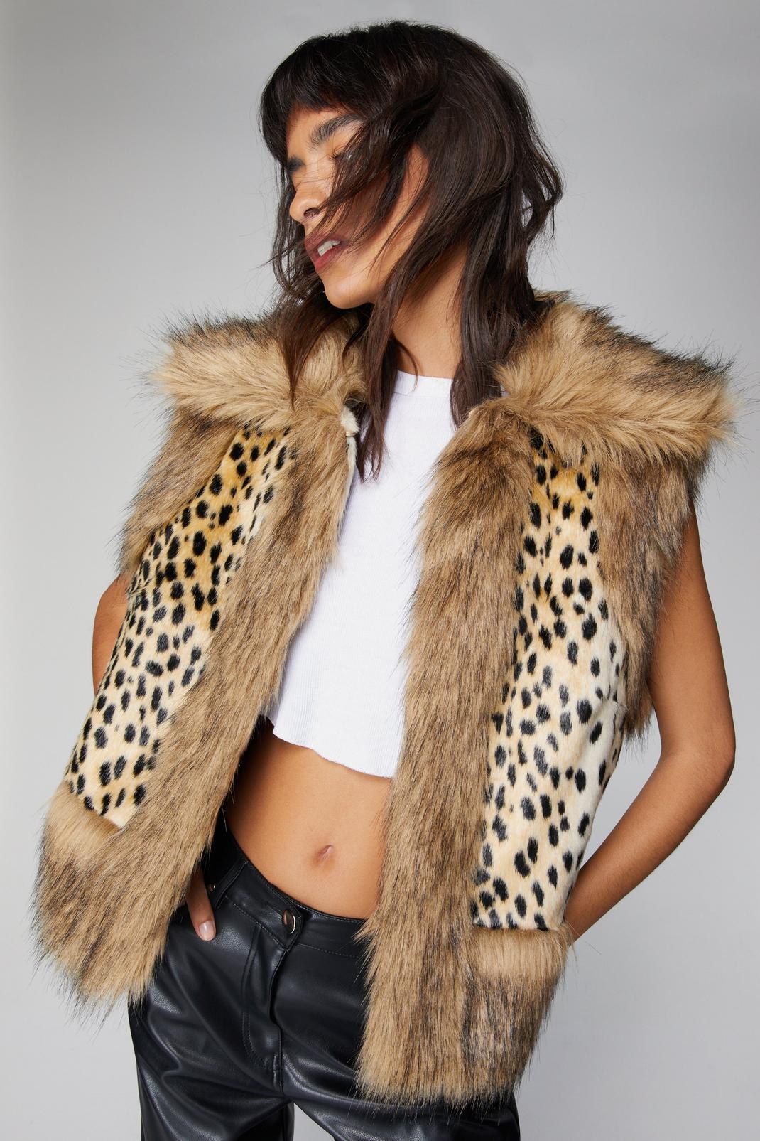 Neutral Premium Leopard Faux Fur Trim Vest image number 1