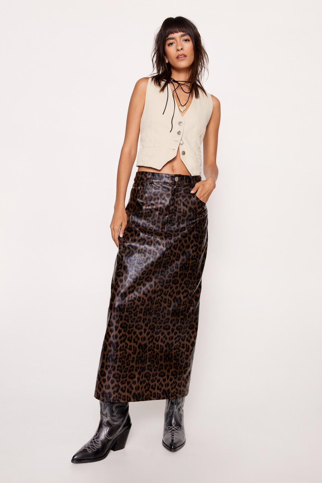 Brown Premium Leopard Faux Leather Maxi Skirt image number 1