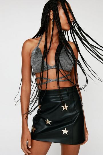 Black Premium Metallic Star Faux Leather Skirt