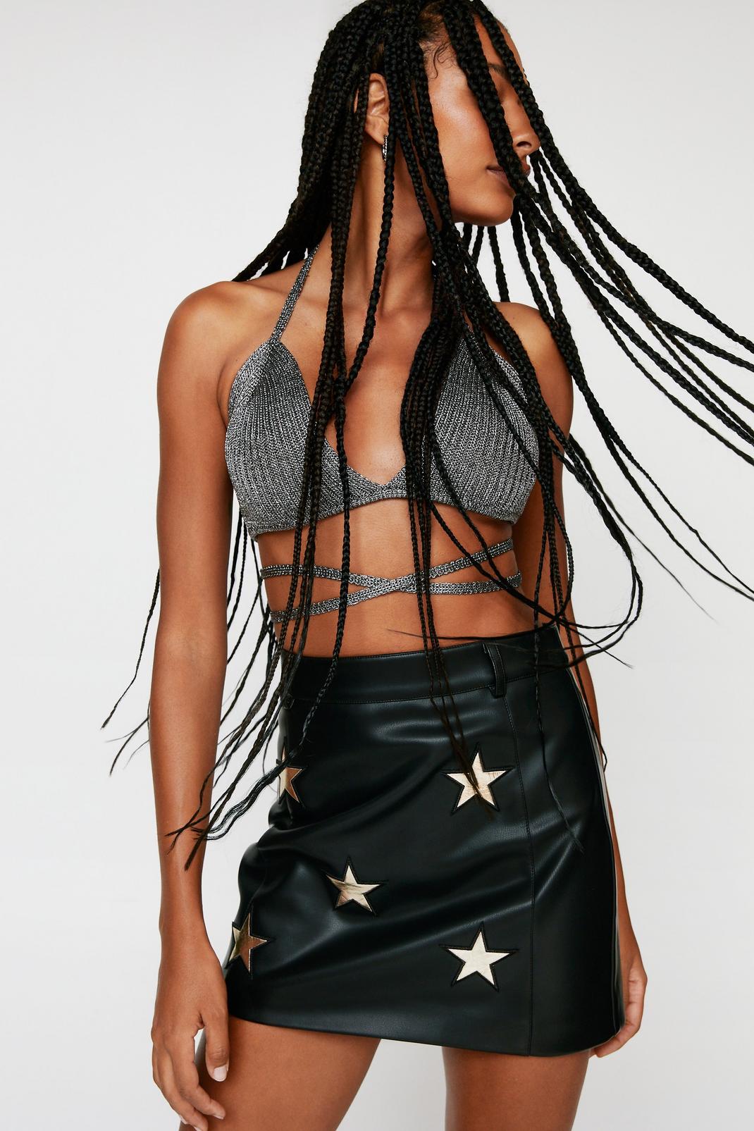 Black Premium Metallic Star Faux Leather Skirt image number 1
