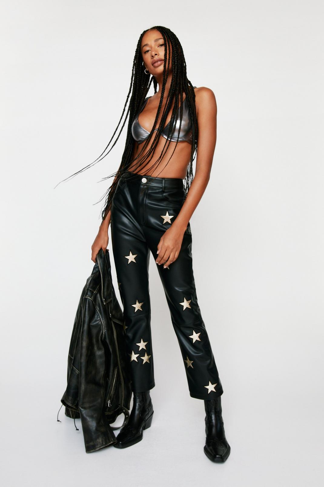 Black Premium Metallic Star Faux Leather Trousers image number 1