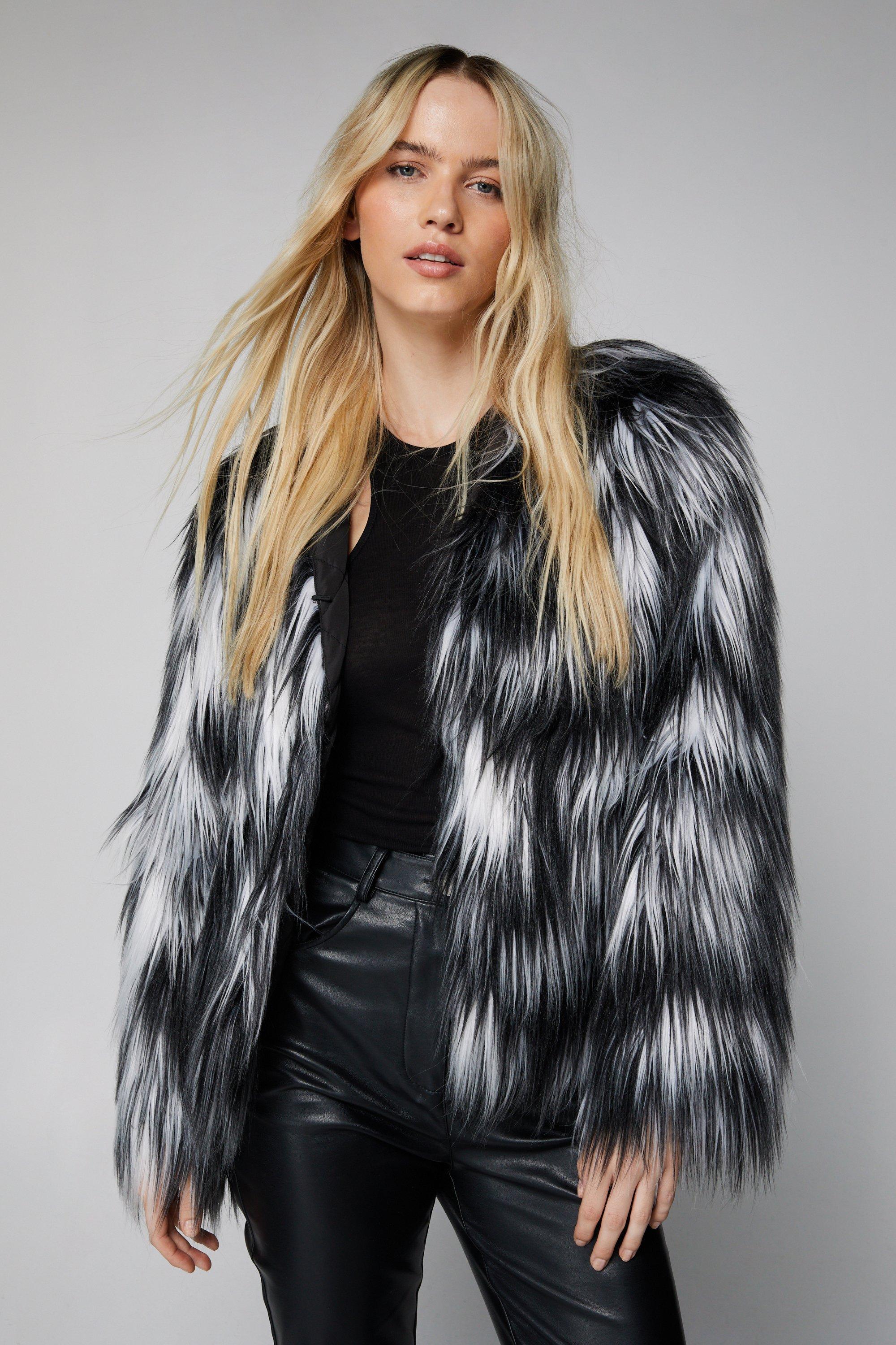 Collarless faux 2025 fur jacket