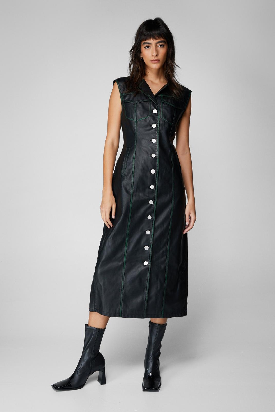 Black Premium Distressed Faux Leather Midi Dress image number 1