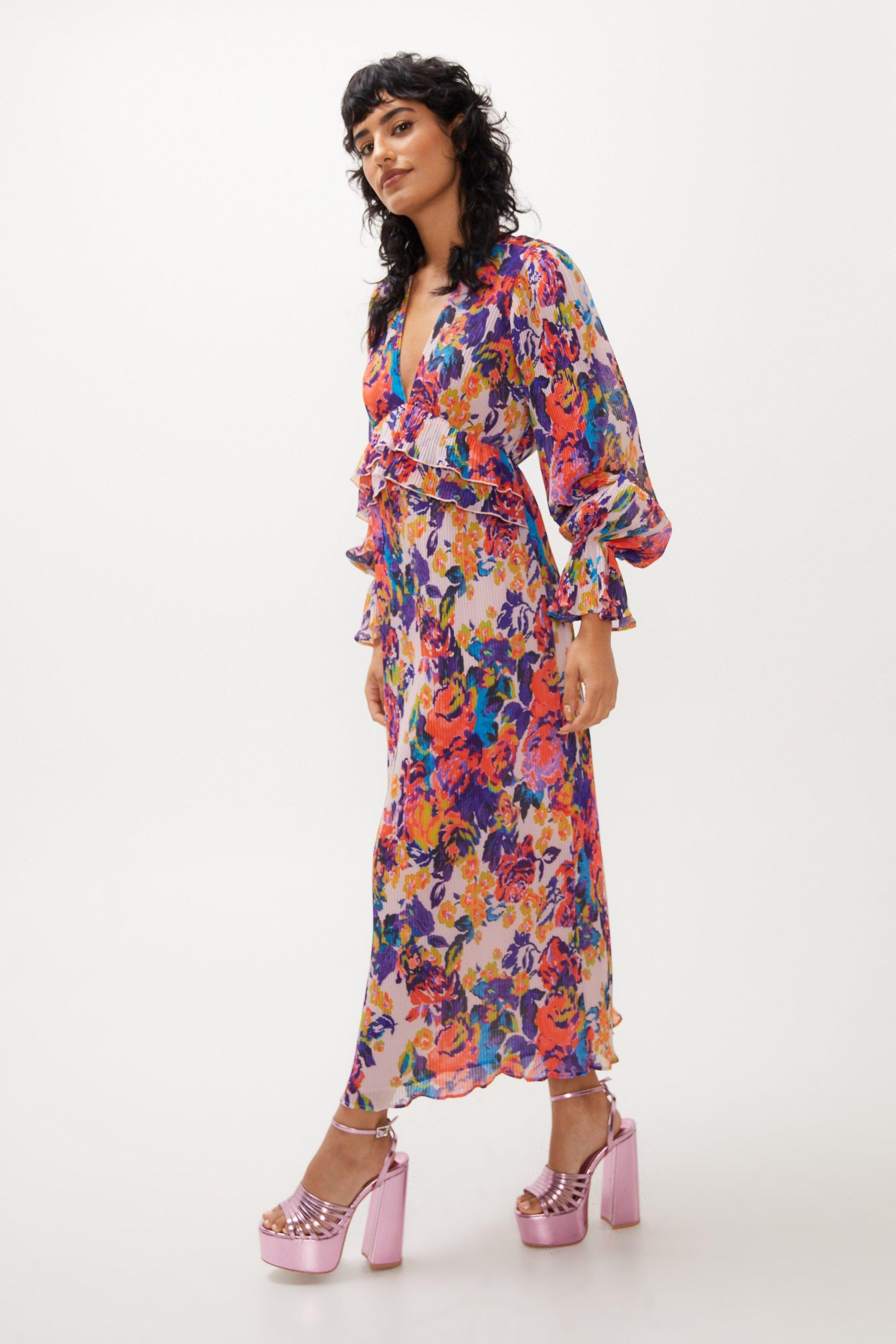 Floral Print Pleated Maxi Dress