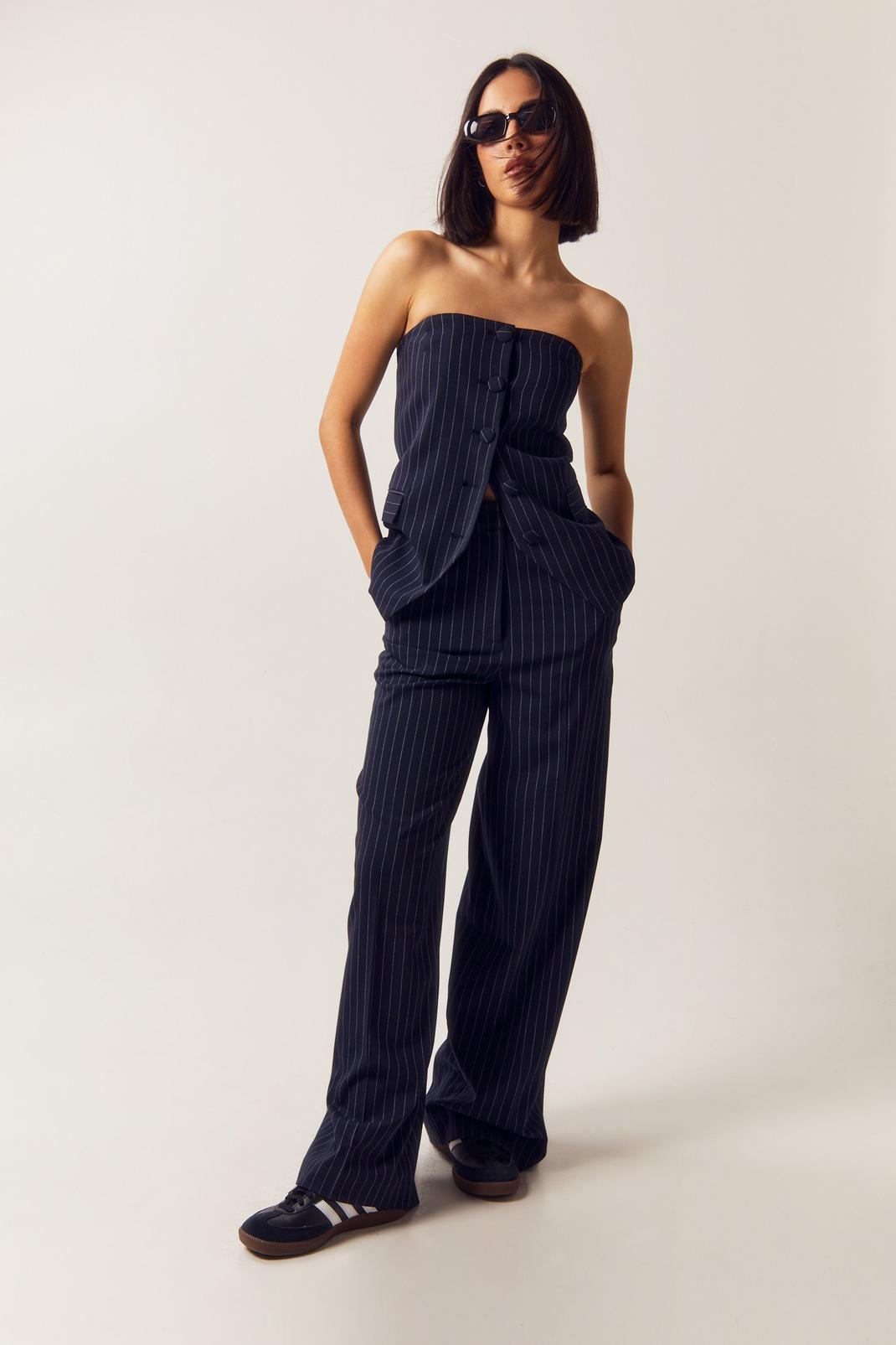 Navy Tailored Pinstripe Straight Leg Trousers image number 1