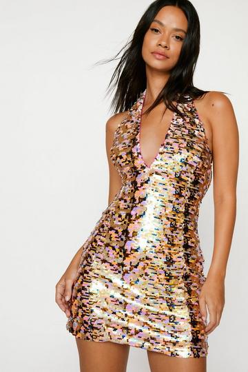 Glitter Sequin Plunge Neck Halter Dress gold