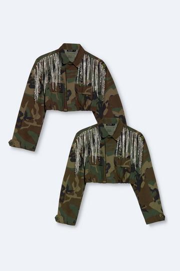 Embellished Fringe Cropped Camo Jacket camo