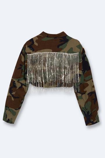 Embellished Fringe Cropped Camo Jacket camo