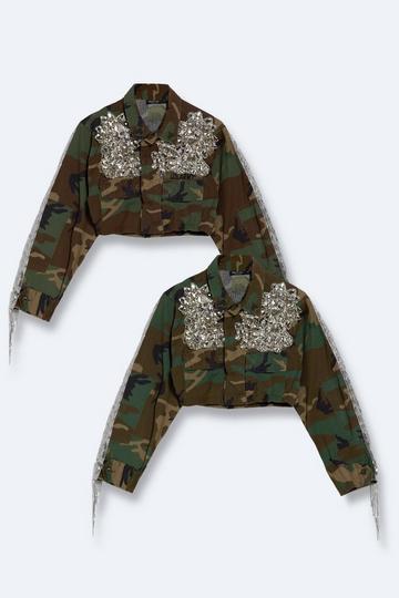 Embellished Fringe Cropped Camo Jacket camo