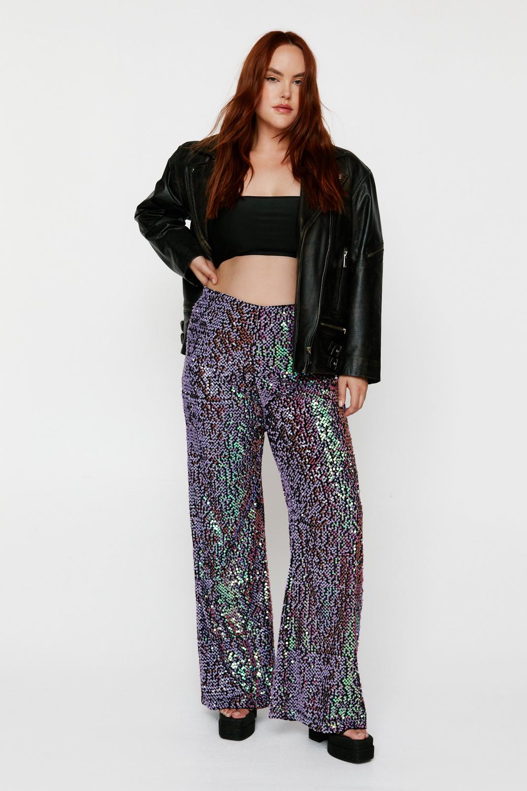Lilac Plus Size Velvet Sequin Flare Trousers image number 1