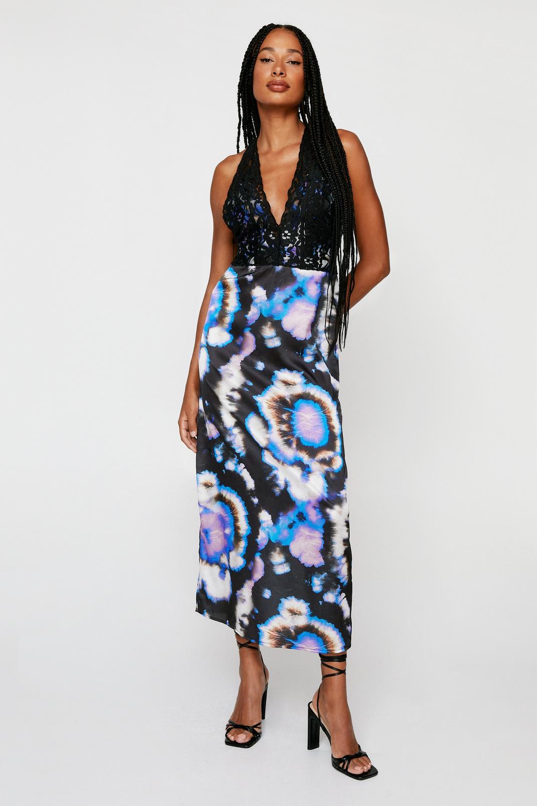 Blue Satin Tie Dye Lace Overlay Slip Maxi Dress image number 1