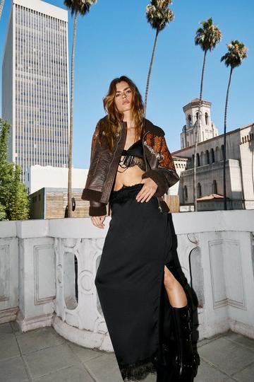 Lace Trim Satin Midi Split Skirt black