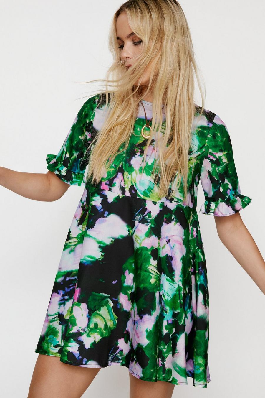 Frill Sleeve Painted Floral Print Smock Mini Dress