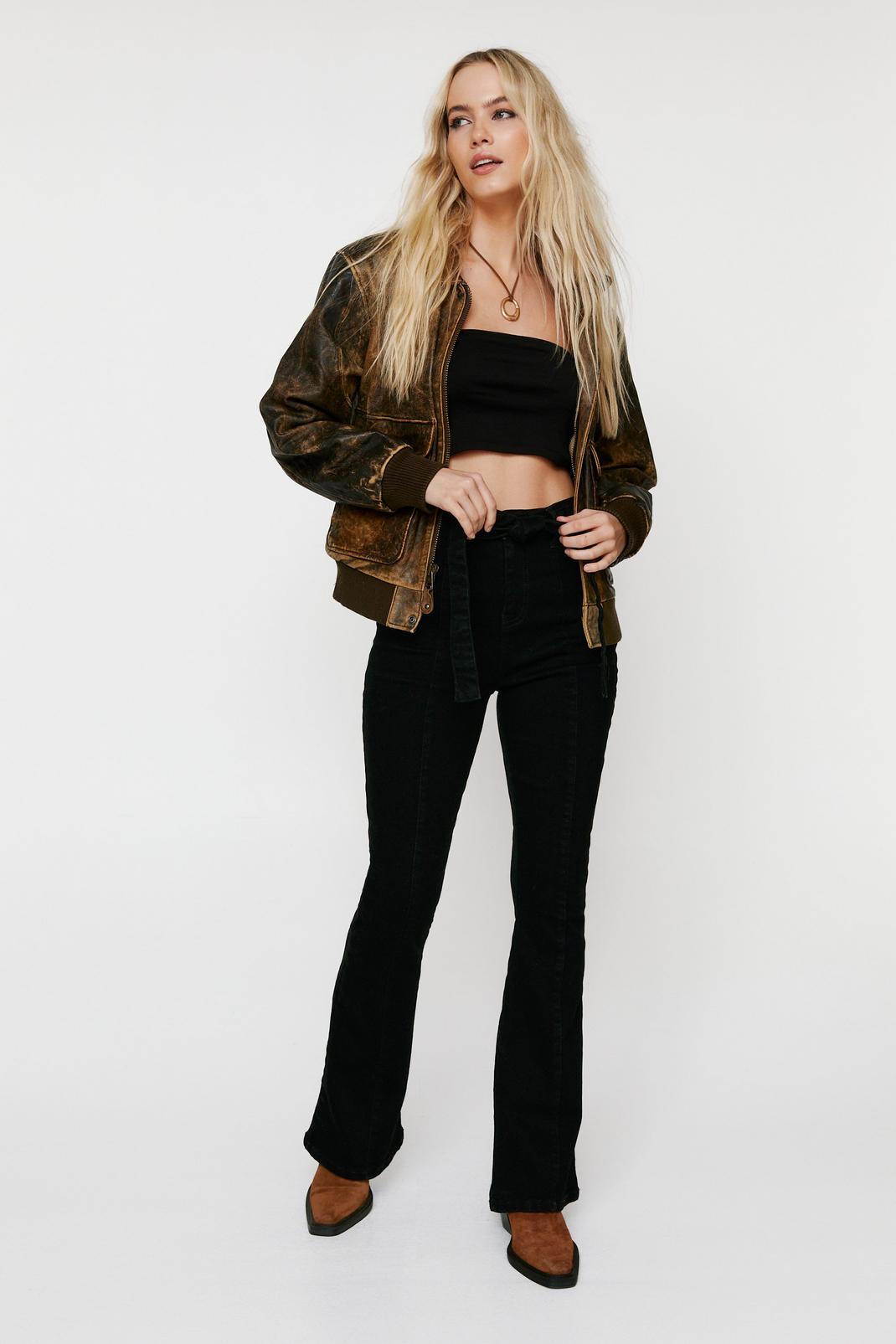 Black Seam Pintuck Belted Flare Jeans image number 1